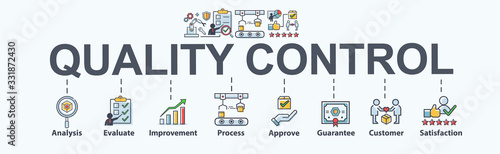 Quality control banner web icon for Business and industry, analysis, quality, guarantee, process, check, approve, customer and satisfaction. Minimal vector cartoon infographic.