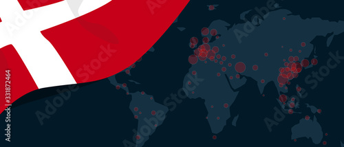 Corona virus covid-19 pandemic outbreak world map spread with flag of Denmark illustration