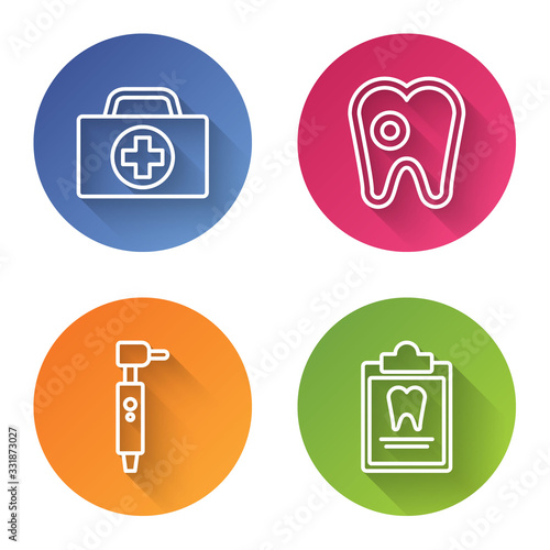 Set line First aid kit, Tooth with caries, Tooth drill and Clipboard with dental card. Color circle button. Vector