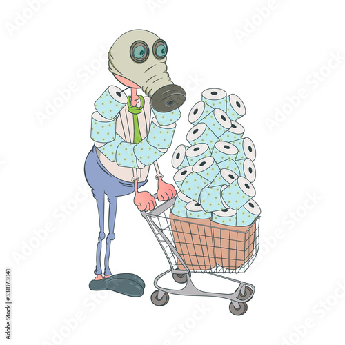 male shopper in gas mask with a grocery cart. procurement of products during a viral pandemic.