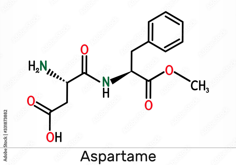 Aspartame, APM, molecule. Sugar substitute and E951. Skeletal chemical formula.