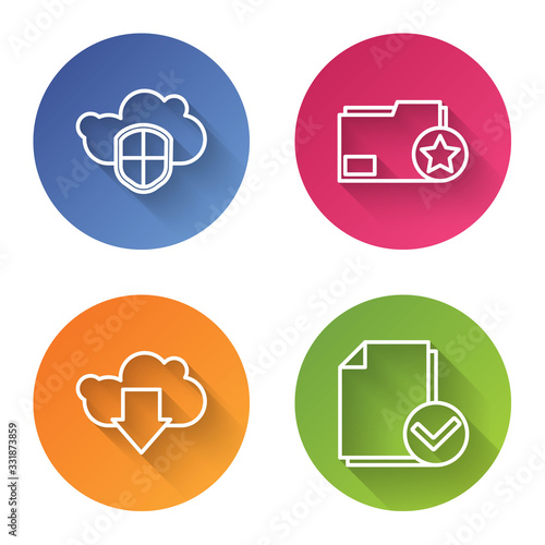 Set line Cloud and shield, Document folder with star, Cloud download and Document and check mark. Color circle button. Vector