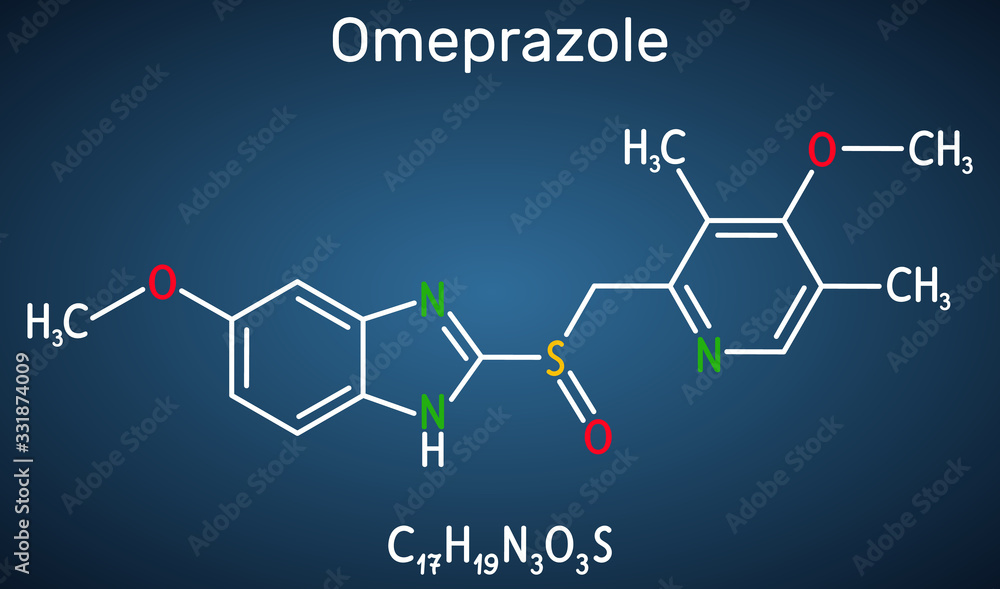Omeprazole, C17H19N3O3S molecule. It is used to treat gastric acid-related disorders, peptic ulcer disease, gastroesophageal reflux disease GERD. Dark blue background Omeprazole, C17H19N3O3S molecule. It is used to treat gastric acid-related disorders, peptic ulcer disease, gastroesophageal reflux disease GERD. Dark blue background