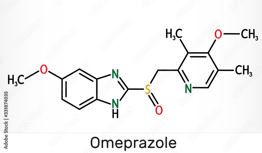 Obraz premium Omeprazole, C17H19N3O3S molecule. It is used to treat gastric acid-related disorders, peptic ulcer disease, gastroesophageal reflux disease GERD. Skeletal chemical formula