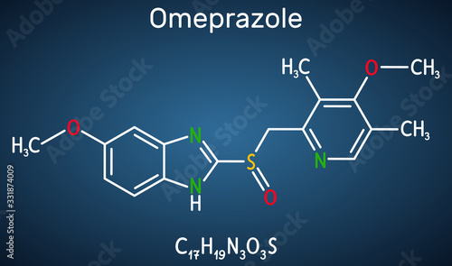 Omeprazole, C17H19N3O3S molecule. It is used to treat gastric acid-related disorders, peptic ulcer disease, gastroesophageal reflux disease GERD.  Dark blue background