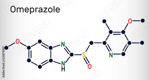 Omeprazole, C17H19N3O3S molecule. It is used to treat gastric acid-related disorders, peptic ulcer disease, gastroesophageal reflux disease GERD.  Skeletal chemical formula