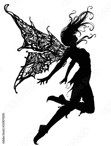 Silhouette a Beautiful and elegant fairy girl, soaring up caught in the wind , she has beautiful patterned wings, on her feet she has shoes with a pointed nose, she is dressed in a short skirt. 2D