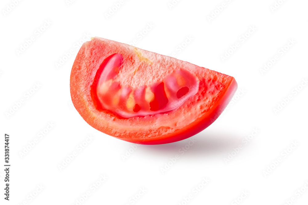 Wedge of fresh, red tomato isolated on white background. Clipping path. Wedge of fresh, red tomato isolated on white background. Clipping path.