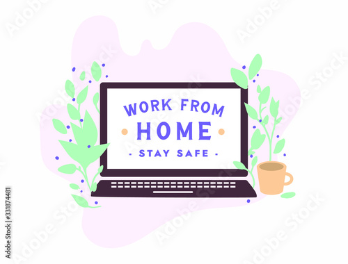 corona virus quarantine work from home illustration in simple flat design style. stay safe, stay at home. self isolation, remote job. isolated art for landing page , pastel colors.