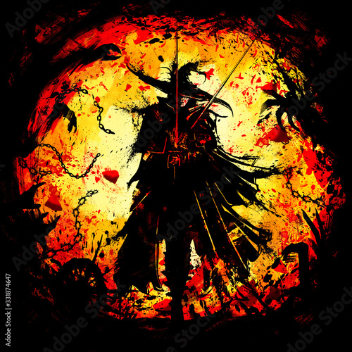 An elegant male duelist with two swords walks gracefully forward, he is dressed in a cloak, he has a pointed hat on his head . It is surrounded by a bloody hell with many demonic silhouettes of hands  photo
