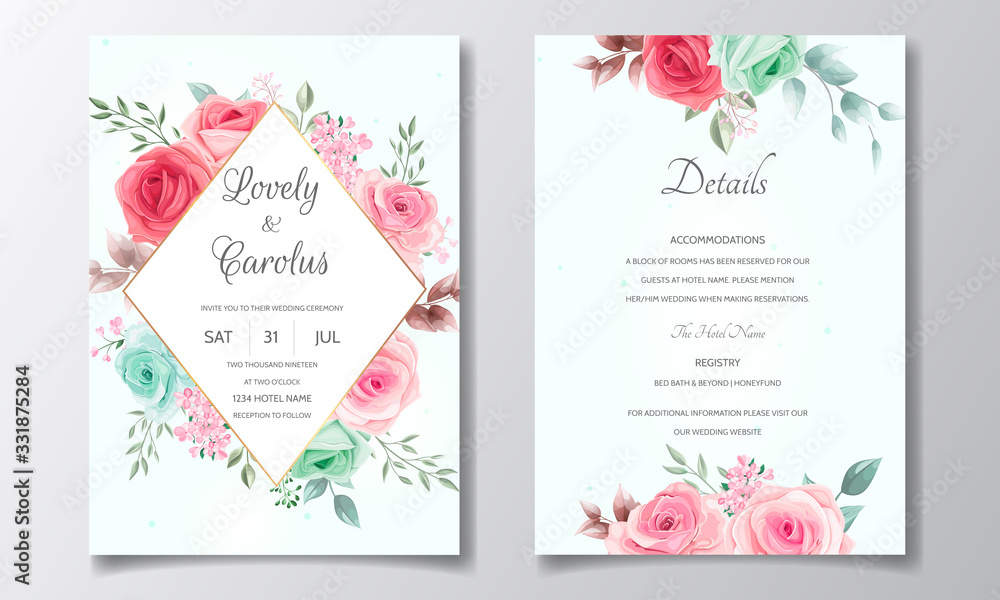 Wedding invitation card with beautiful roses and leaves