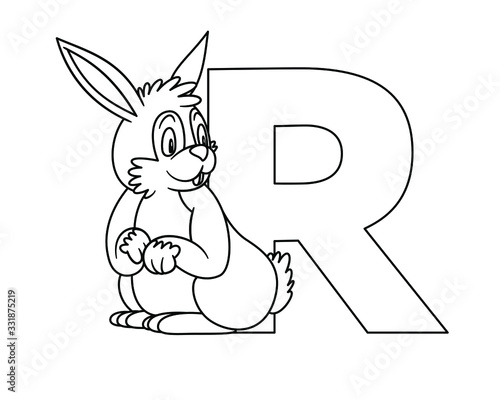 animal alphabet. capital letter R, Rabbit. Vector illustration. For pre school education, kindergarten and foreign language learning for kids and children. Coloring page and books, zoo topic.