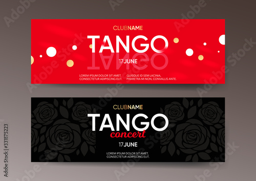 Set of two horizontal tango banner templates with contrast background, color graphic elements and text. 