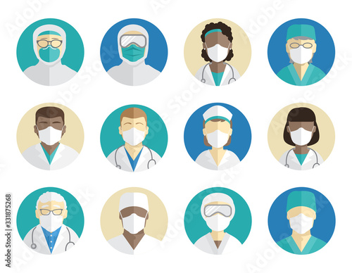Medical avatars set. Doctors, surgeons, and nurses in protective masks. Protection during an epidemic and pandemic.