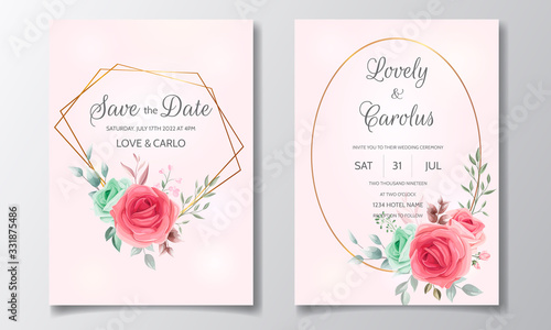 Wedding invitation card with beautiful roses and leaves