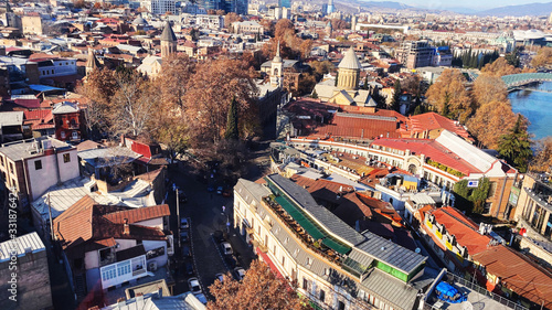 Tbilisi cable car view of the city from the top station, cable car cabins on the background of the old town