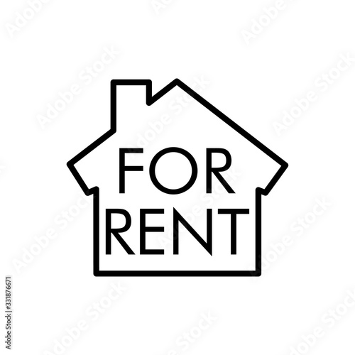 Icono plano lineal casa con texto FOR RENT en color negro