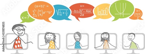 A teacher gives a class via the Internet by videoconference on his computer