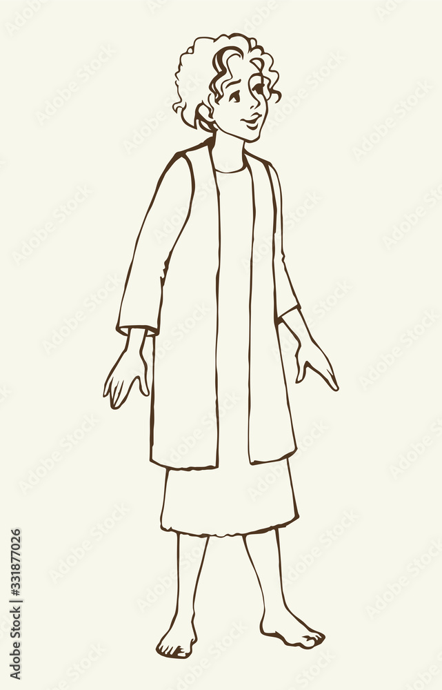 Cheerful Jewish boy in antique clothes. Vector drawing