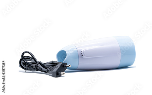 Blue-white handheld hair dryer with white background isolated