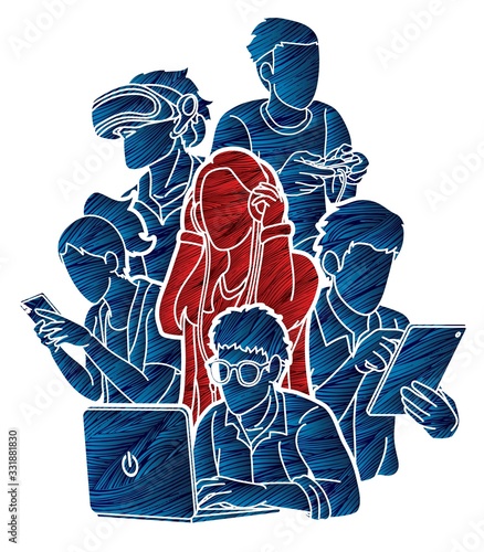 Group of People using digital devices cartoon graphic vector