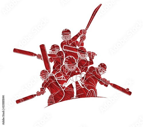 Group of Cricket players action cartoon sport graphic vector.