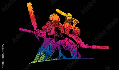 Group of Cricket players action cartoon sport graphic vector.