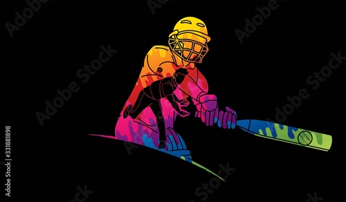 Group of Cricket players action cartoon sport graphic vector.
