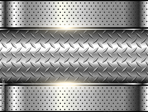 Background silver metallic, 3d chrome vector design with diamond plate