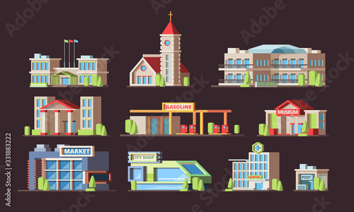 Municipal buildings. School church gas station museum hotel bank store post office hospital. vector urban buildings