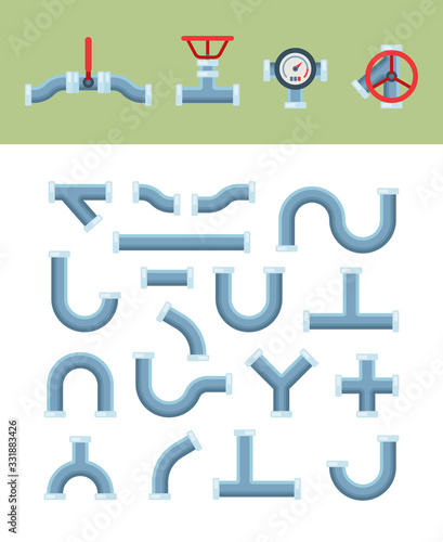 pipe shapes. oil water steel and plastic cylinder pipelines with tap valve counter plumbing engineering systems. vector