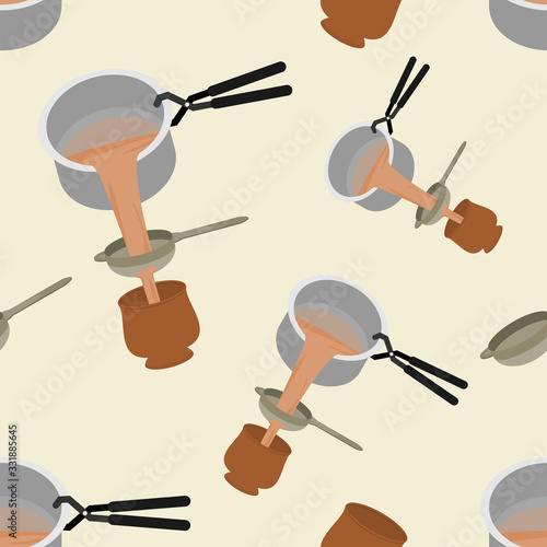 Editable Seamless Pattern of Pouring and Filtering Indian Masala Chai into Pottery Cup Vector Illustration for Creating Background of Beverages With South Asian Culture and Tradition