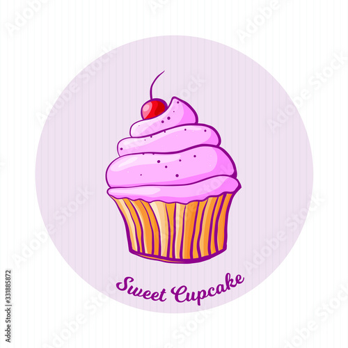 llustration of isolated cupcake on white striped background. Vector cupcake. Sweets design.