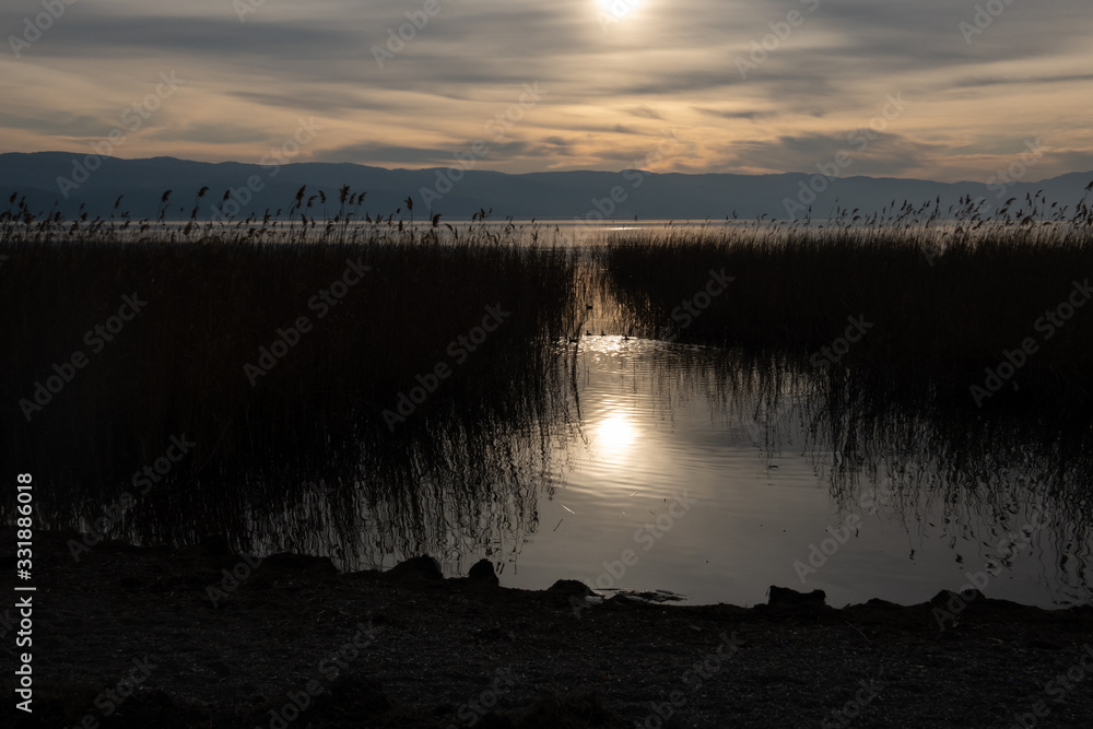 Iznik lake and reeds at sunset