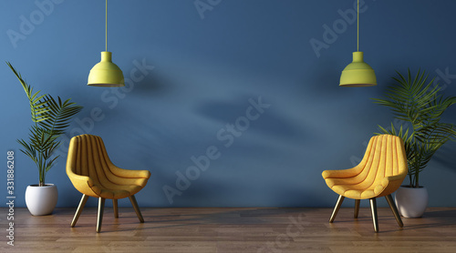 Modern interior design. Wall Mockup Interior with an armchair and a little table on a background ,3D Rendering