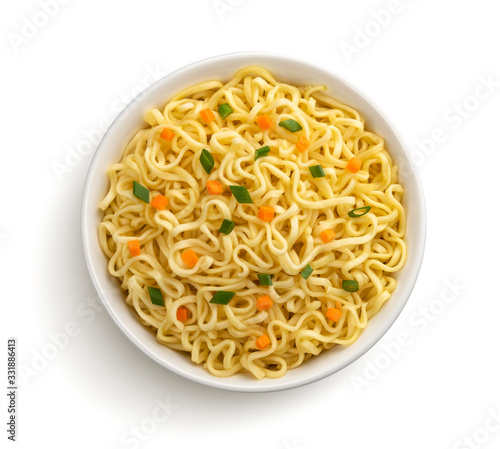Instant noodles isolated on white background, top view photo