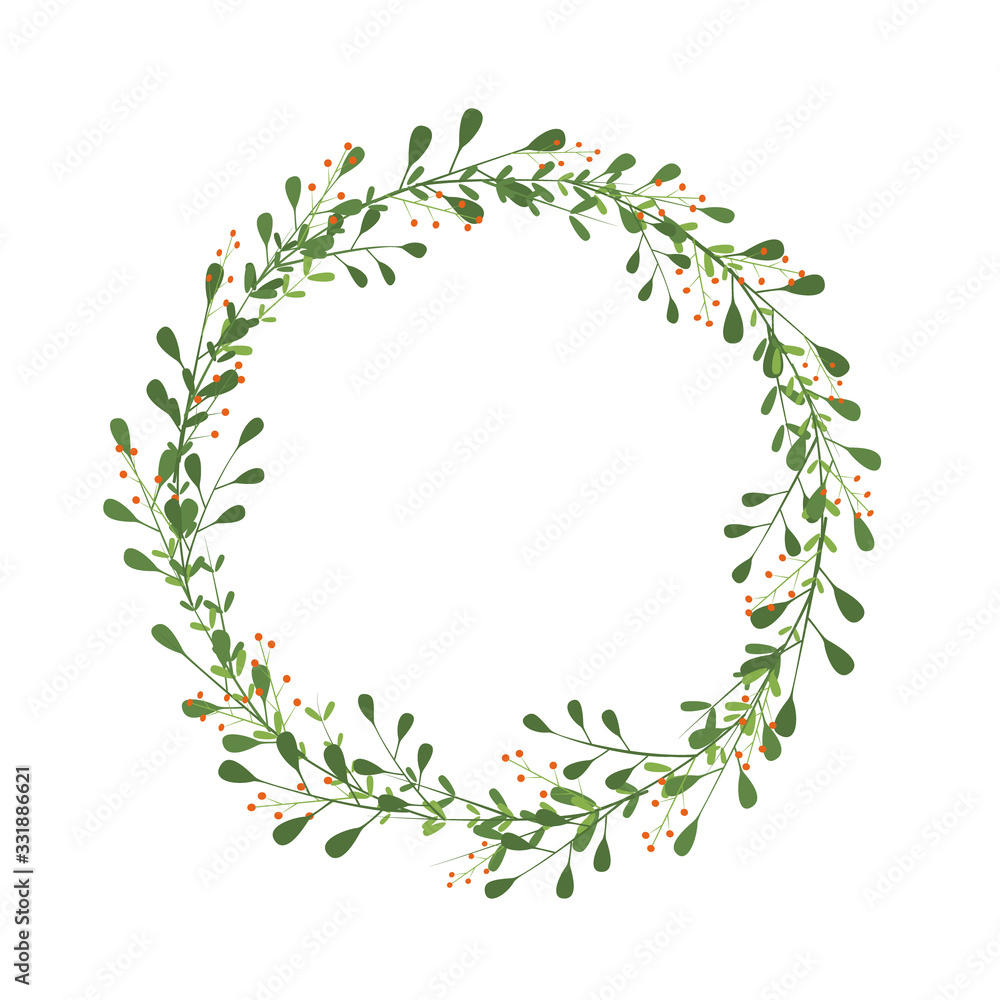 Spring wreath with branches, green leaves and orange berries. Elegant border for invitation design, greeting cards, label, tag. Floral frame as delicate decorative element. Vector illustration Spring wreath with branches, green leaves and orange berries. Elegant border for invitation design, greeting cards, label, tag. Floral frame as delicate decorative element. Vector illustration
