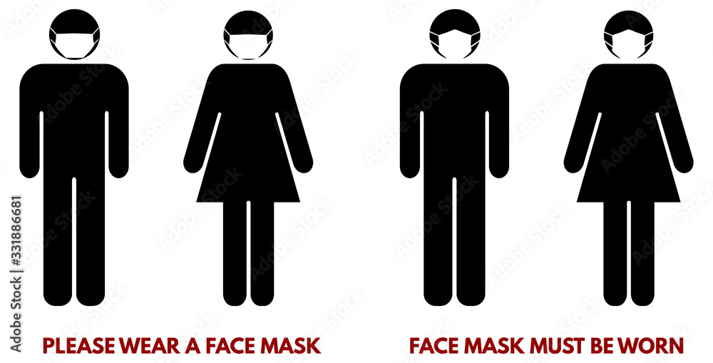 Please wear face nose mouth mask sign. Man and woman silhouette with piece of cloth over their faces. Symbol can be used during coronavirus or covid outbreak - obrazy, fototapety, plakaty 
