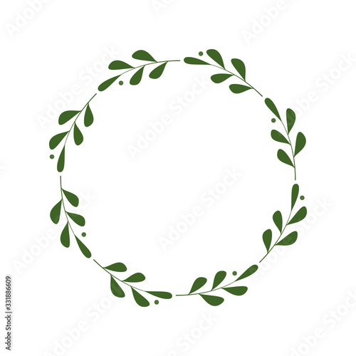 Round frame of green twigs with leaves and berries. Design template for logo, invitation, greetings. Laconic stylish wreath. Minimalist border. Deciduous wreath. Stock vector illustration