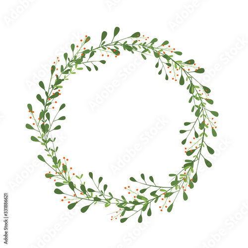 Spring wreath with branches, green leaves and orange berries. Elegant border for invitation design, greeting cards, label, tag. Floral frame as delicate decorative element. Vector illustration