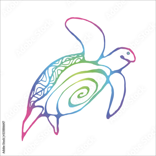 Color neon illustration of a wise tortoise. Swimming turtle in motion with ornament.