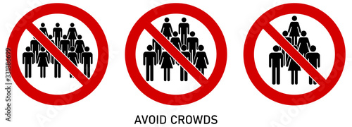 Avoid crowds social distancing sign. Group of people drawing in red crossed circle. Icon can be used during coronavirus or covid19 outbreak