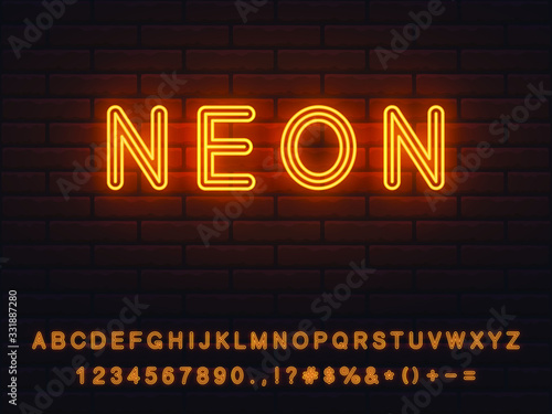 bold orange editable color neon font set. collection of letters numerals signs icons symbols