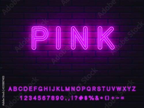 Realistic nice bright pink neon font set with transparent light on a brickwall background. collection of letters numerals icons signs symbols for advertising graphic and web design