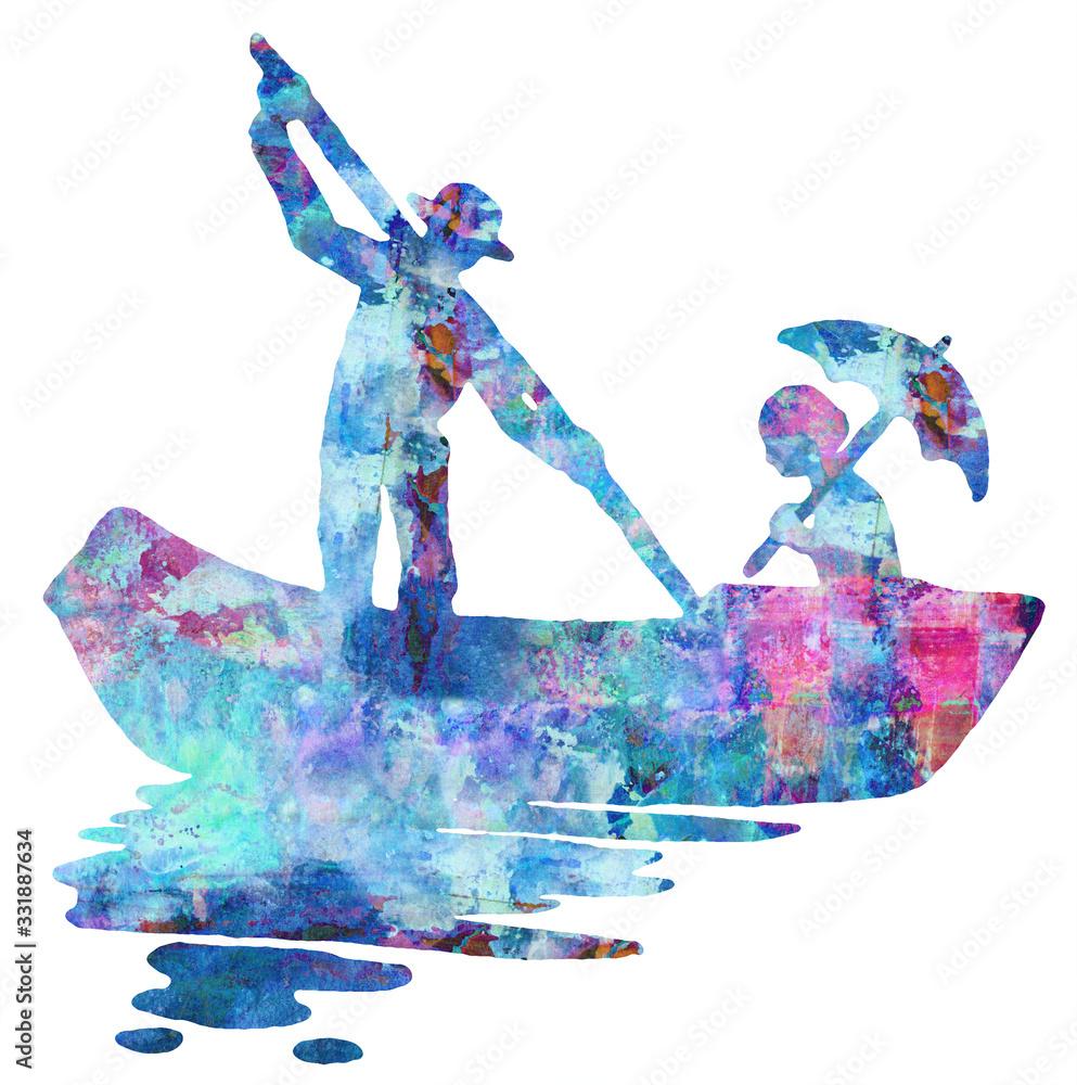 Obraz premium Romantic Lovers Gondola Boat Ride Watercolor Painting