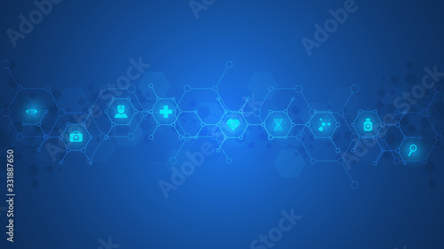 Fototapeta Naklejka Na Ścianę i Meble -  Healthcare and technology concept with flat icons and symbols. Template design for health care business, innovation medicine, science background, medical research.