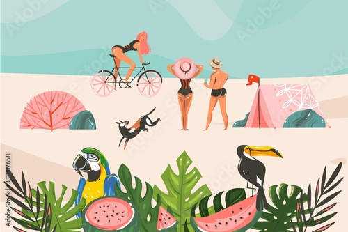 Hand drawn vector stock abstract graphic illustration with a tropical birds and leaves,people group and camp tent in ocean beach landscape isolated on blue background