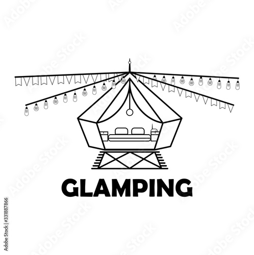 Glamping or camping with a tent and light bulbs icon in black isolated on a white background. Comfort, wi-fi. EPS 10 vector.