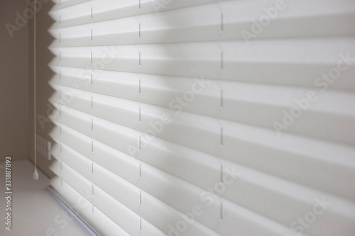 Konstfotografi Pleated shades size XL, 50mm fold, close up on the window, white color, white background