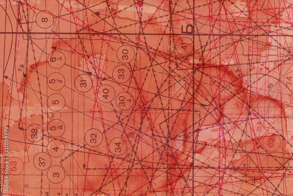 Fototapeta premium Vintage and old looking fabric blueprint background. Tea and coffee splashes on retro texture. Grunge paper with drawing. Dirty fashion scheme.